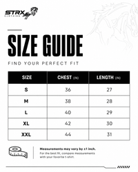 Size guide for STRX clothing with measurements in inches
