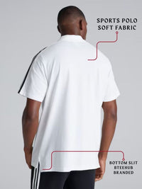 Man wearing a white sports polo shirt with text highlighting features and brand name.