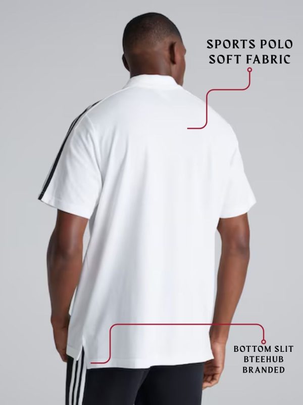 Man wearing a white sports polo shirt with text highlighting features and brand name.