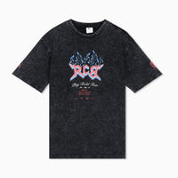 Black t-shirt with a graphic design on a white background